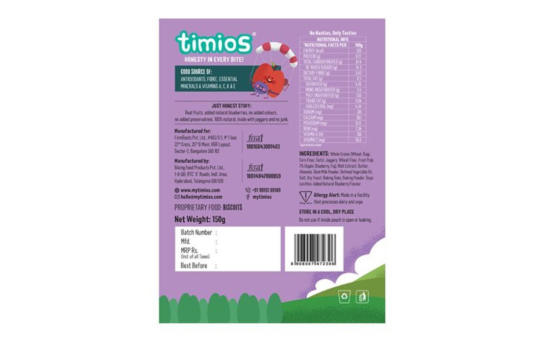 Timios Zookers Animal Shaped Biscuits with Apple & Blueberry Bits   Pack  150 grams